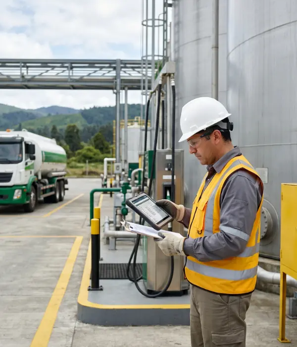 Operación industrial revisando condiciones para despacho de diésel
